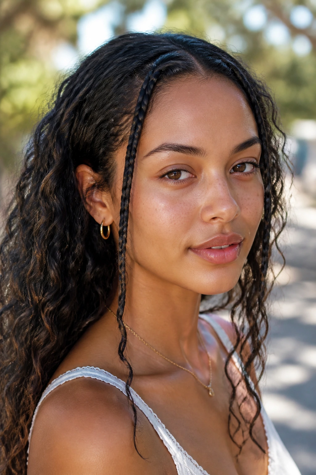 Close-up of a real woman with two front face-framing braids among curly hair