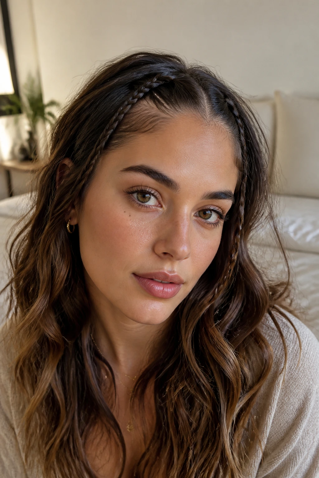 Close-up of a woman with tiny accent braids along the hairline amid loose waves