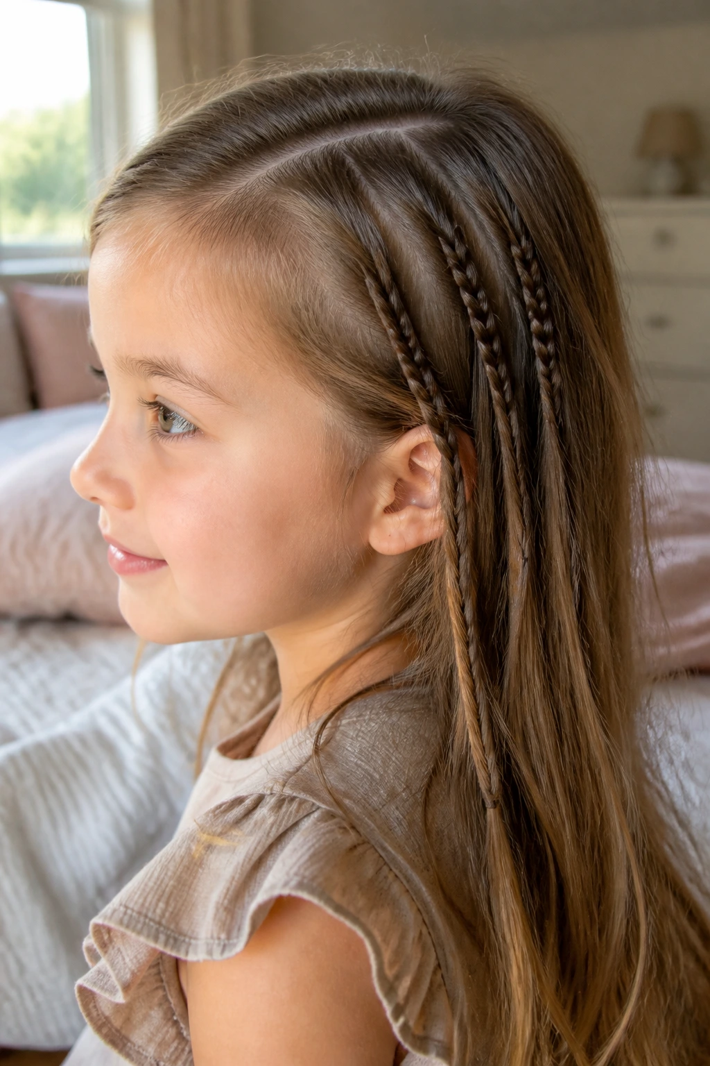 Close-up side profile of a child with three tiny accent braids on one side