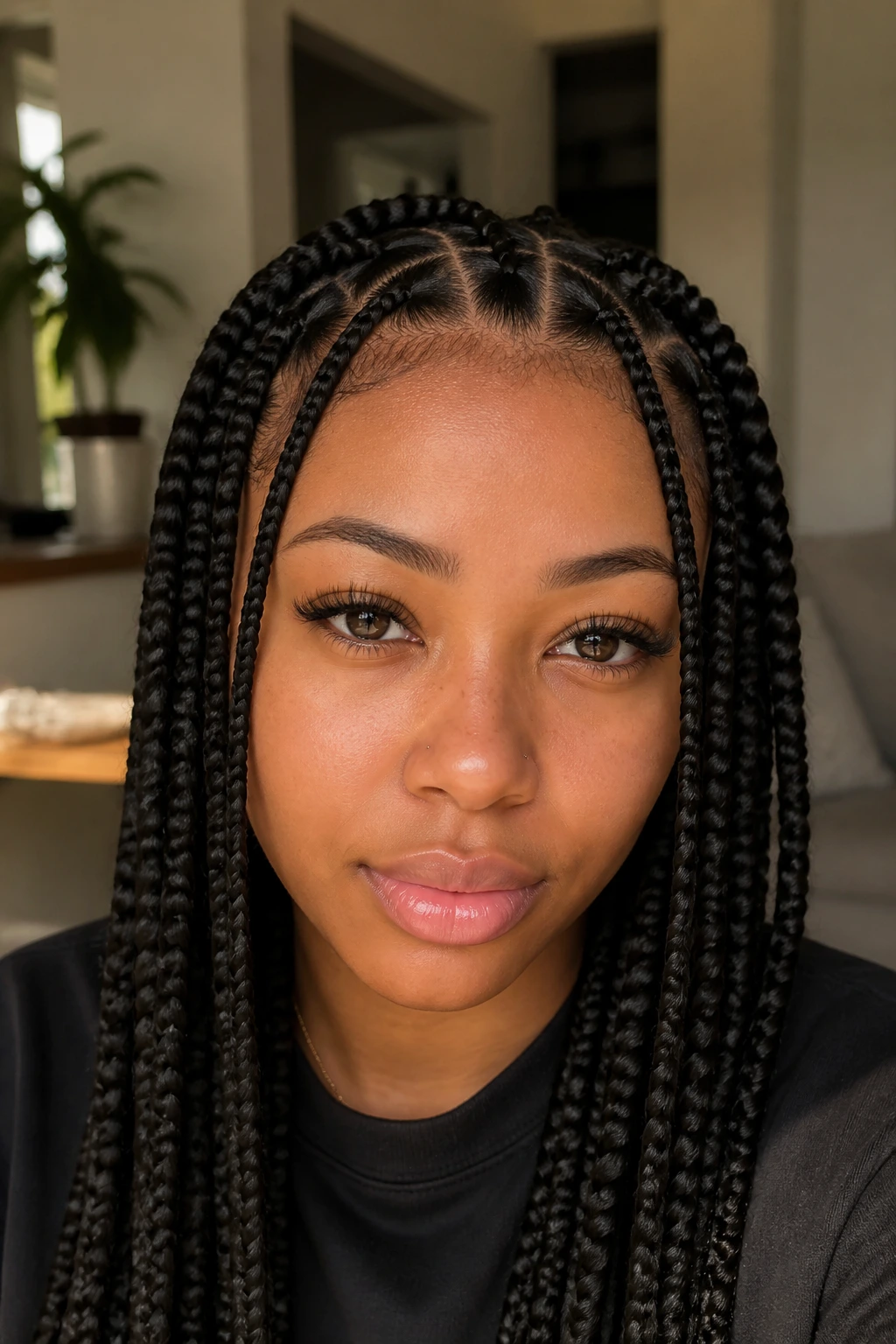 Front close-up of a real woman with accent braids between larger rows