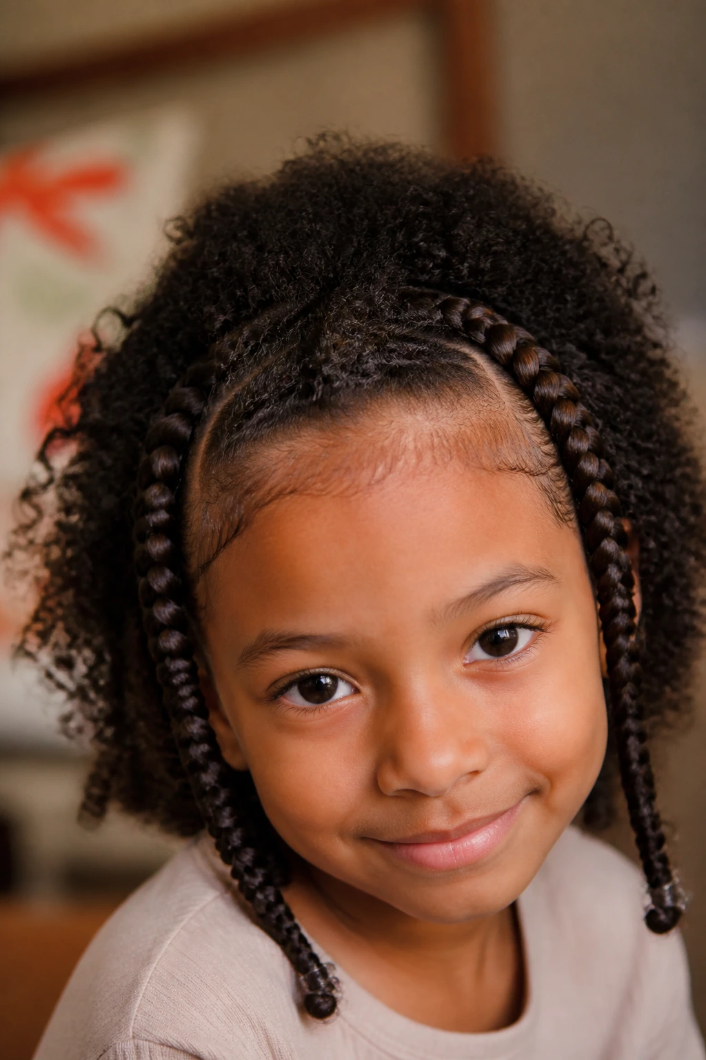 Close-up of a child with accent cornrows framing a big middle section.