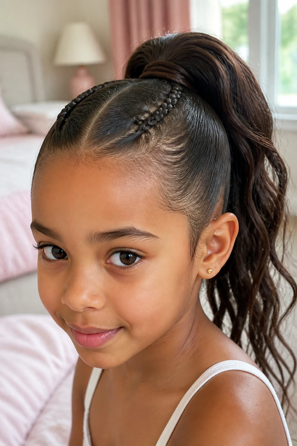 Close-up of a child with tiny accent fishtails forming a high ponytail