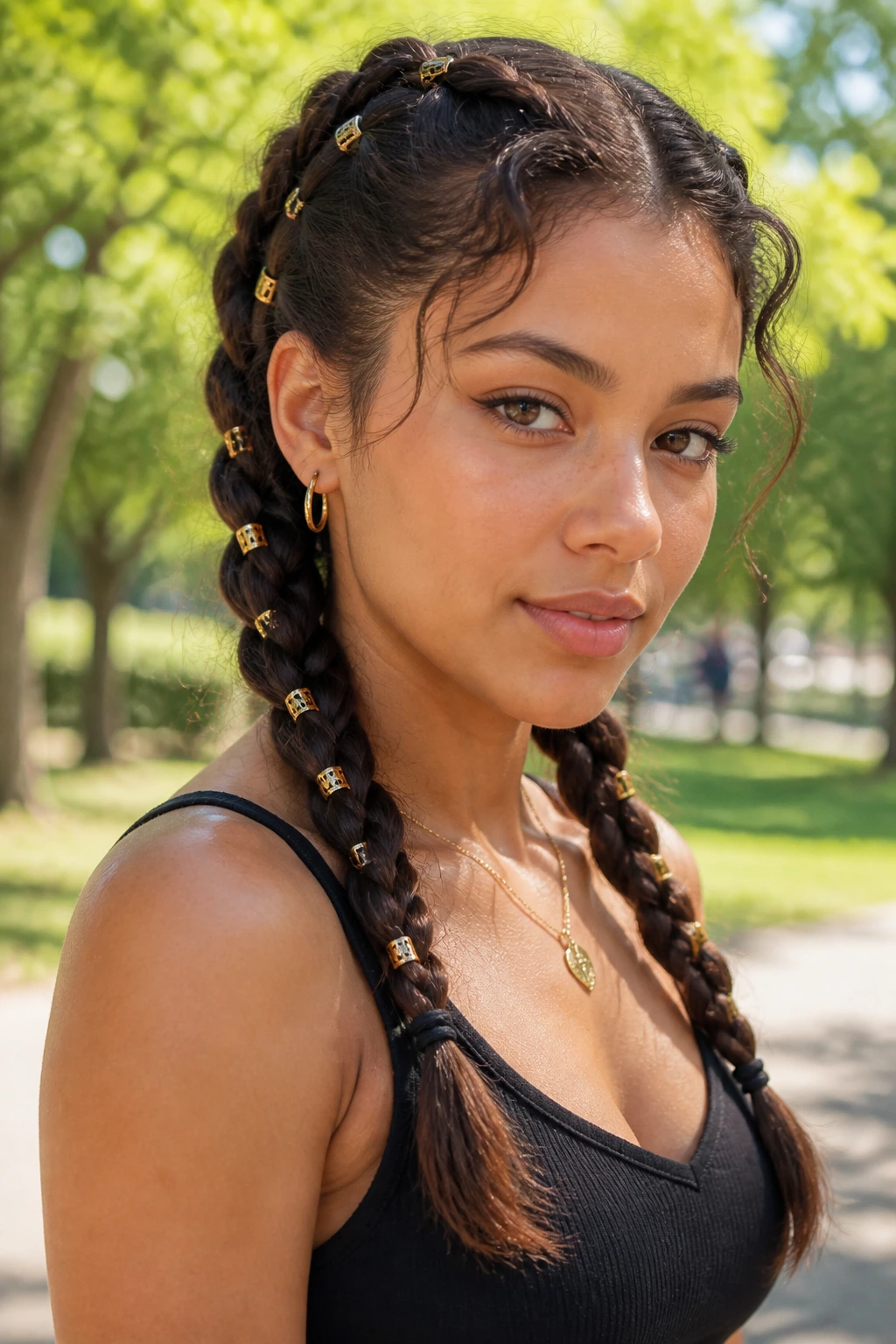 Real woman wearing tiny cuffs pinned along twin braids in daylight.