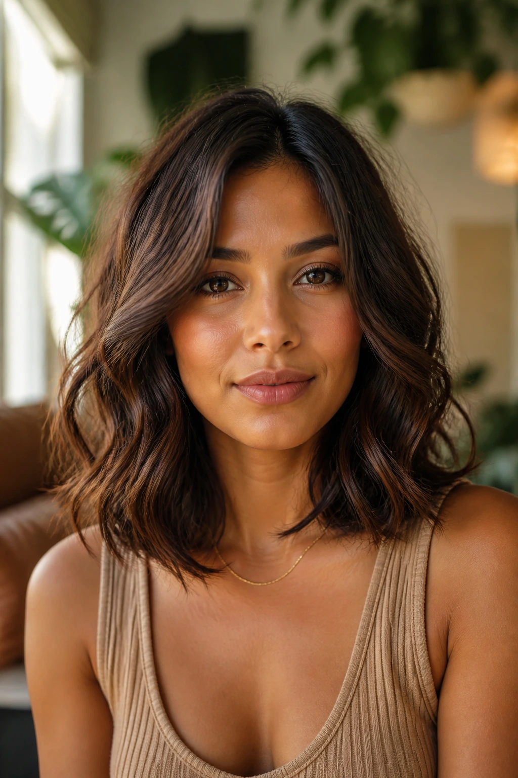 Portrait of a real woman with shoulder-length wavy brunette hair in a versatile low-maintenance cut