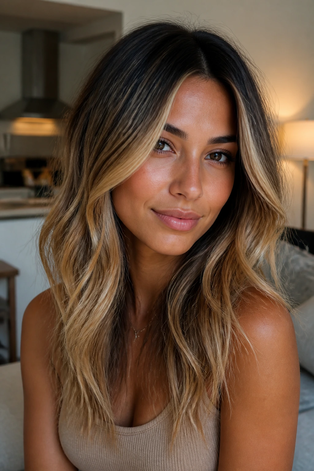 Real woman with balayage showing rooted adaptation and face-framing light pieces