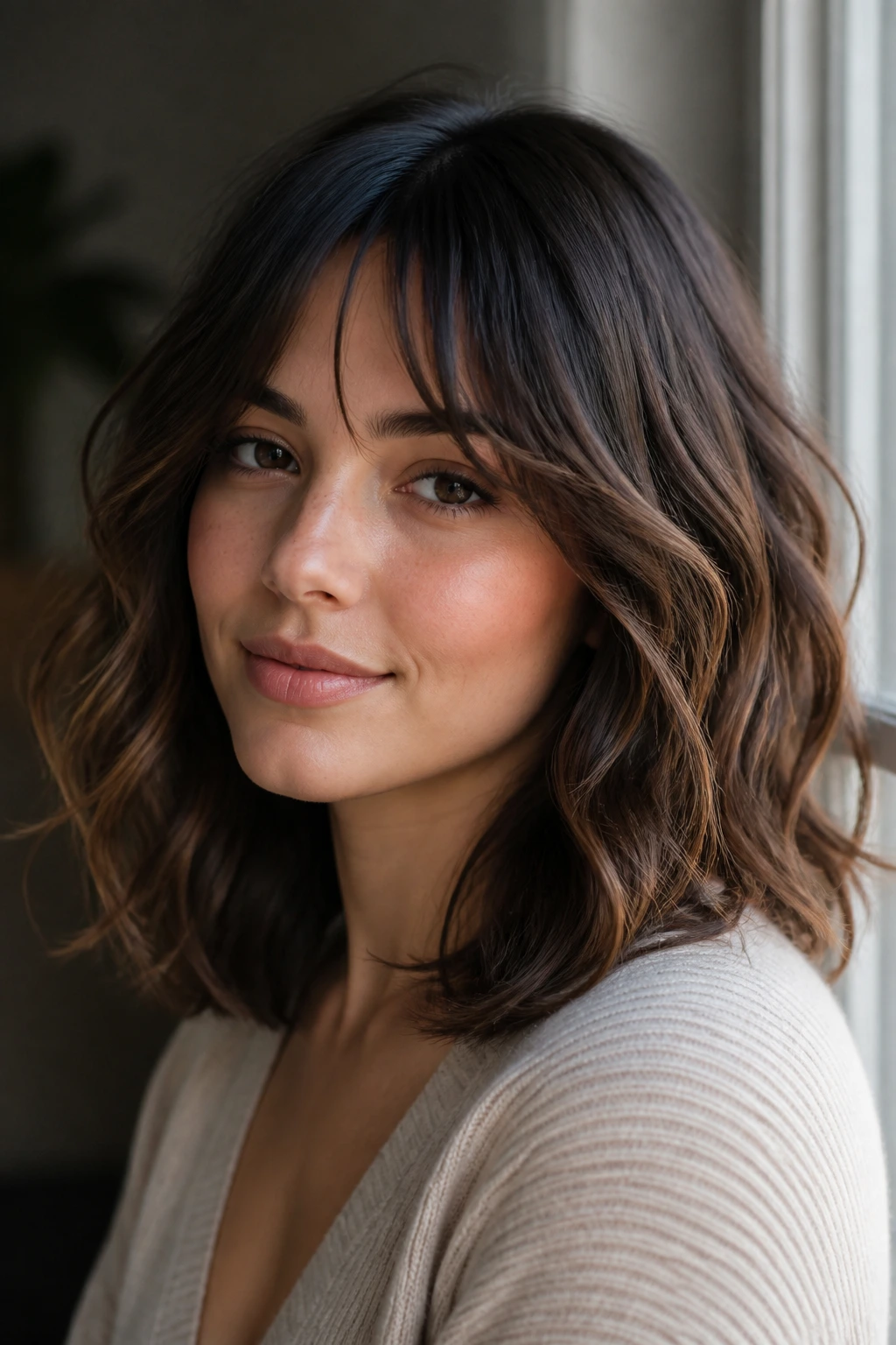 Portrait of a real person showing curtain bangs for wavy hair adaptation