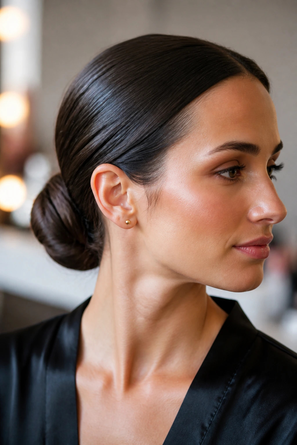 Portrait of person with sleek bun and wrapped strand around elastic