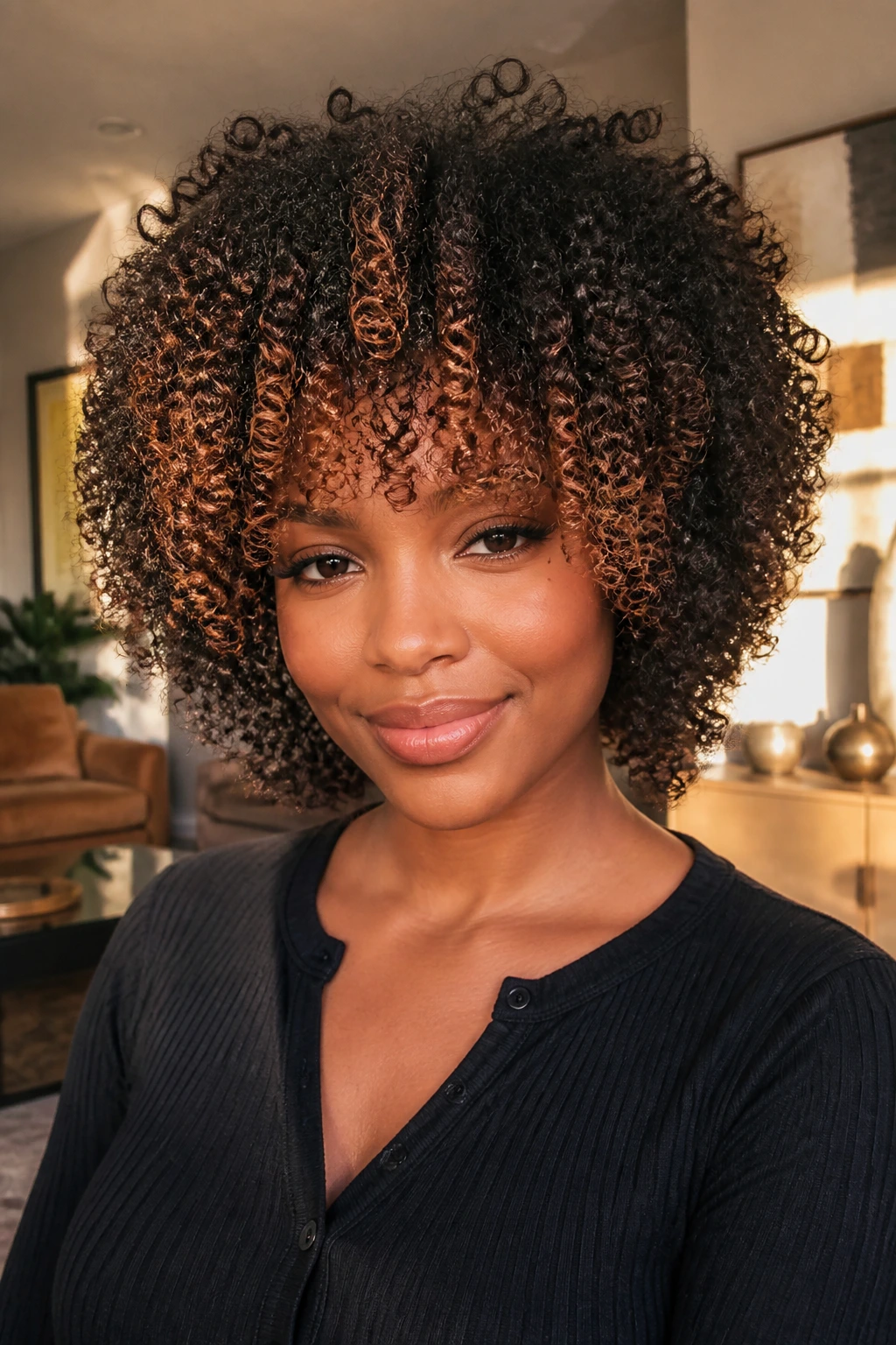 Real woman with rounded Afro bangs and bronze face frame.