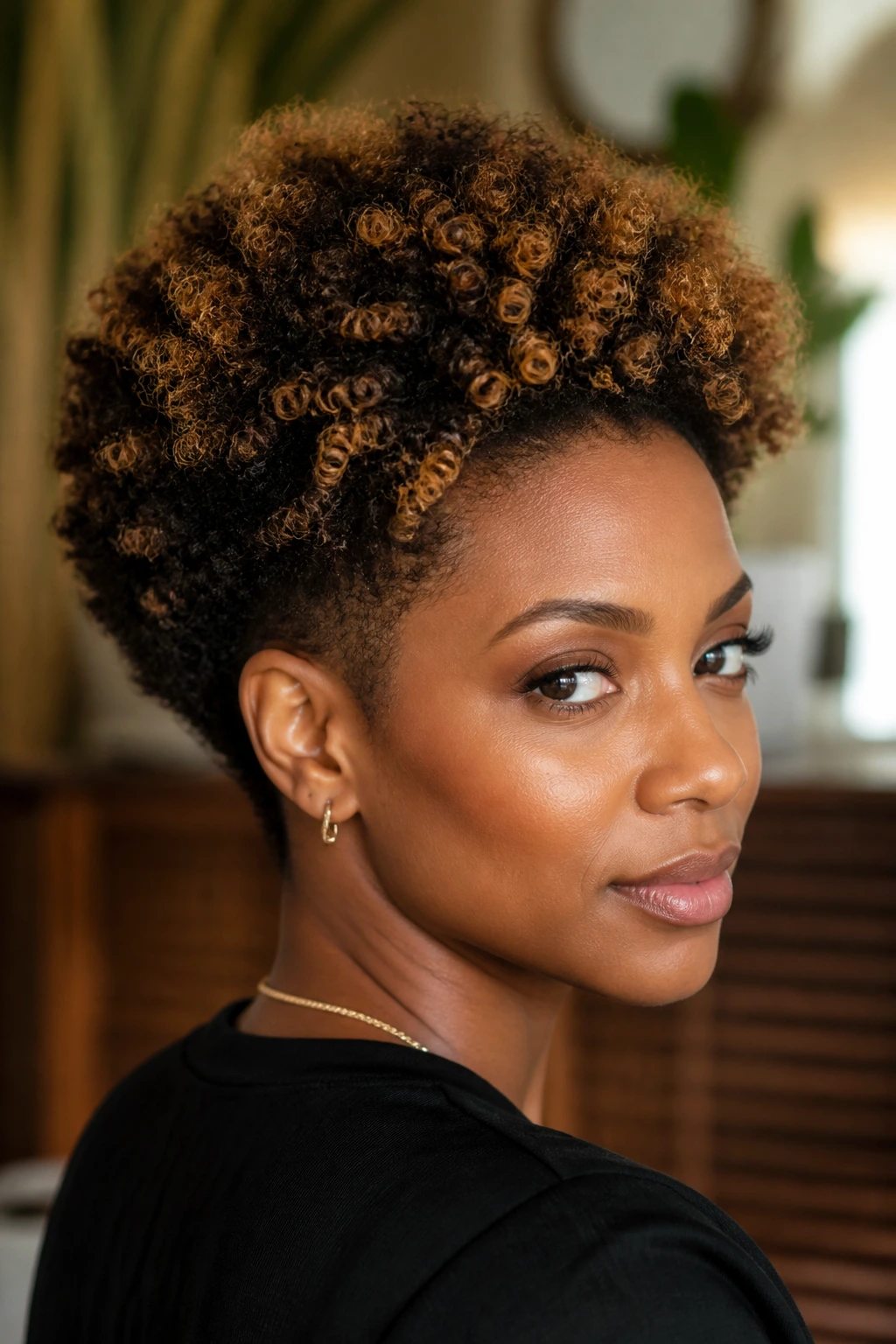 Close-up of a real person with a tapered Afro and golden caramel highlights on top and front