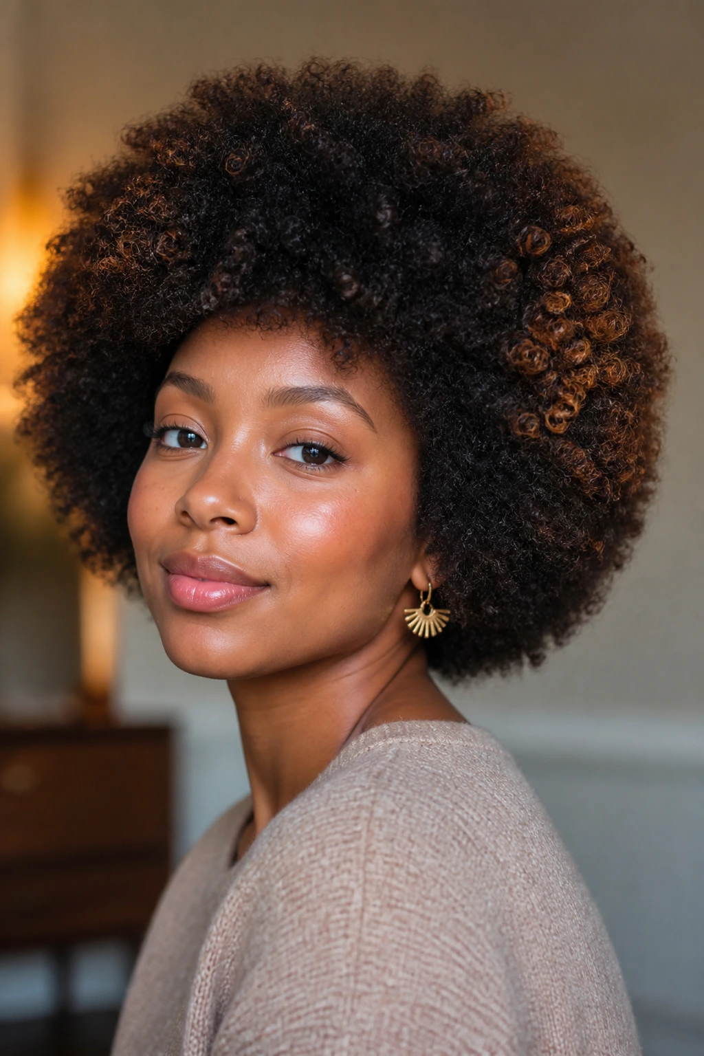 Close-up of a real person with a rounded afro and subtle caramel tipping along outer coils