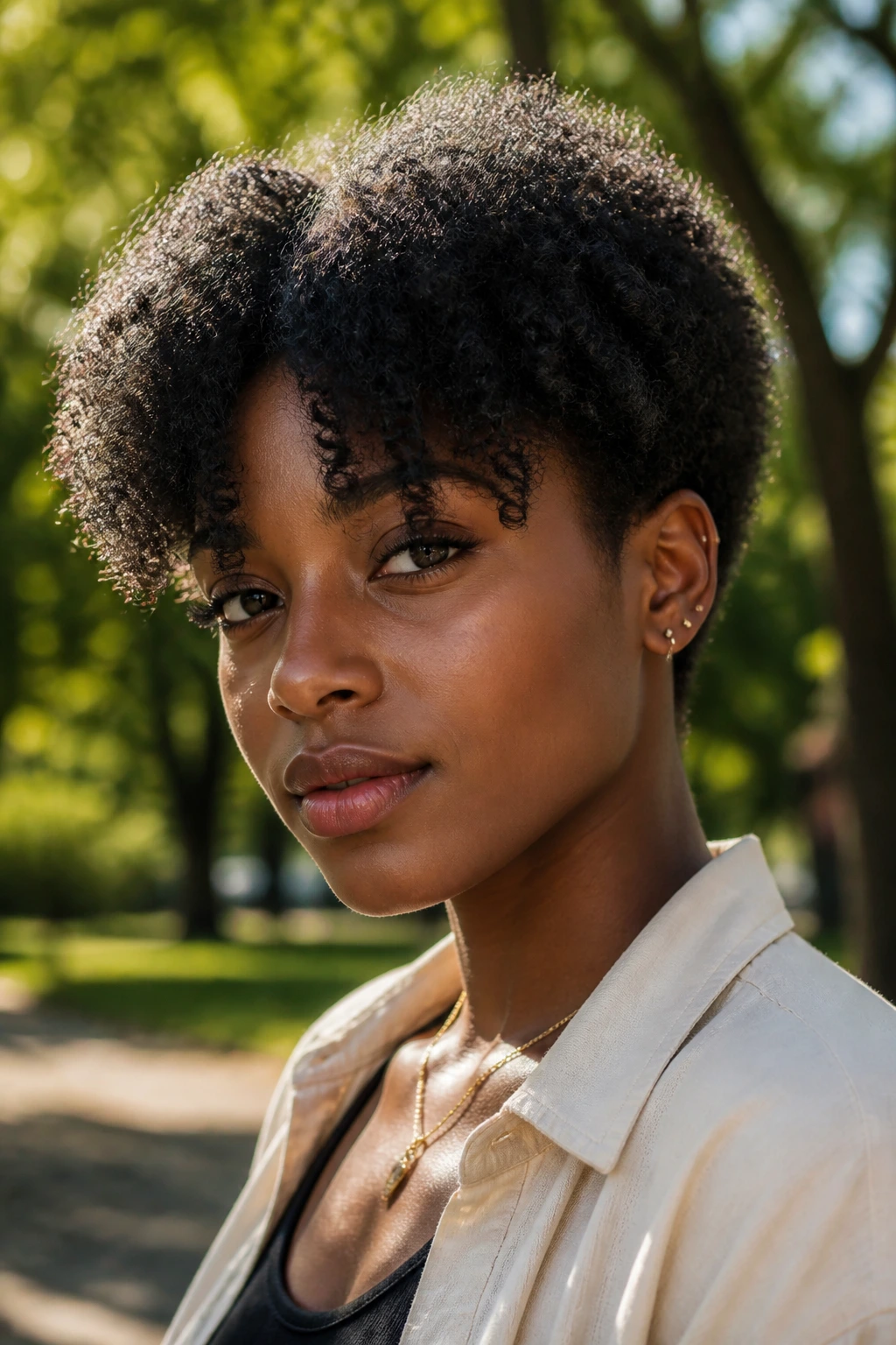 Close-up of a real person with Afro crop and center split fringe