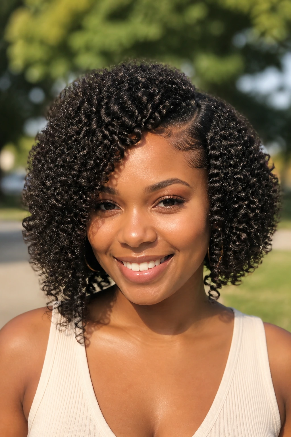 Real woman with scrunched afro-curly crochet bob in sunny outdoor setting