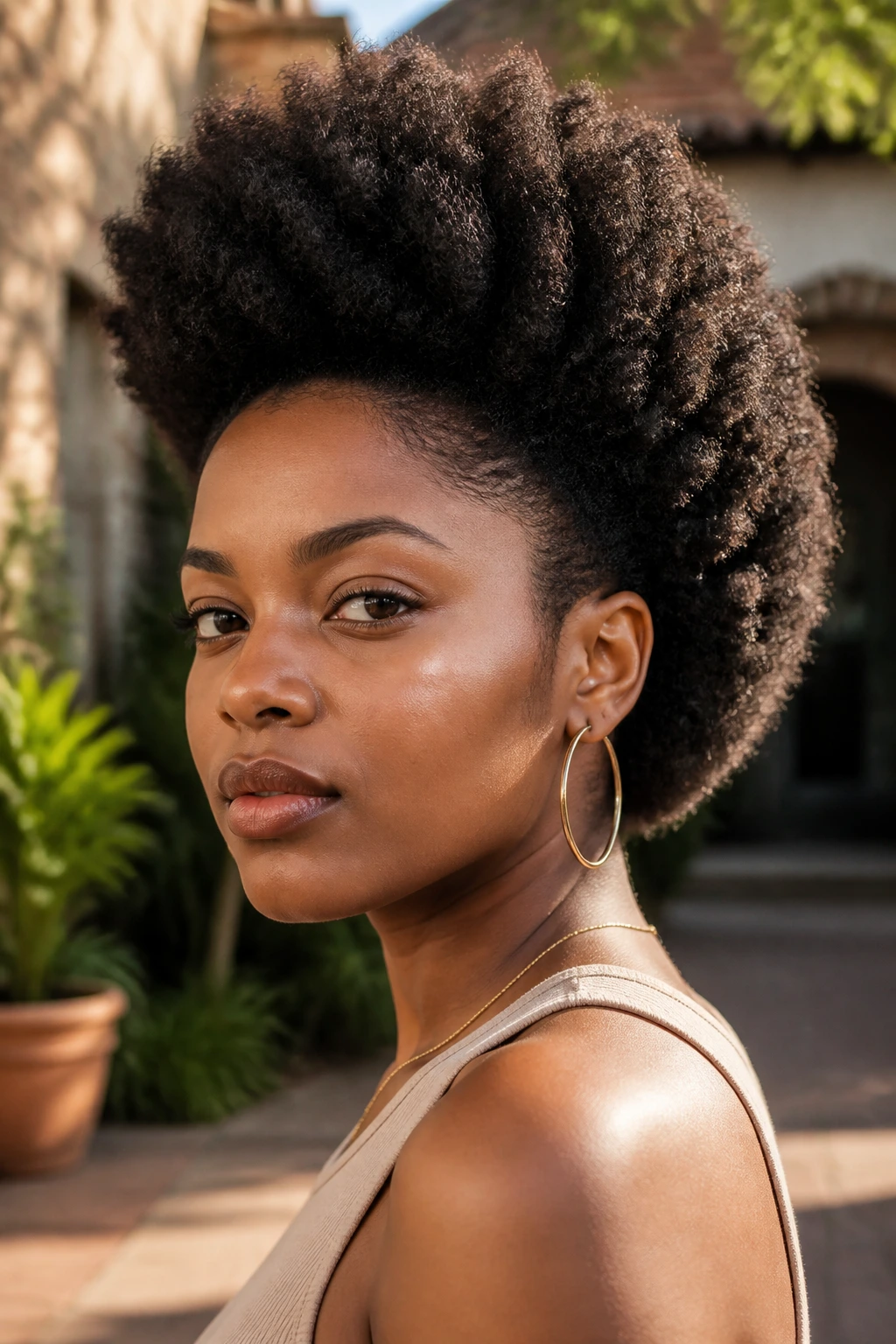 Close-up portrait of a woman with a sculpted Afro with shaped sides and height on top
