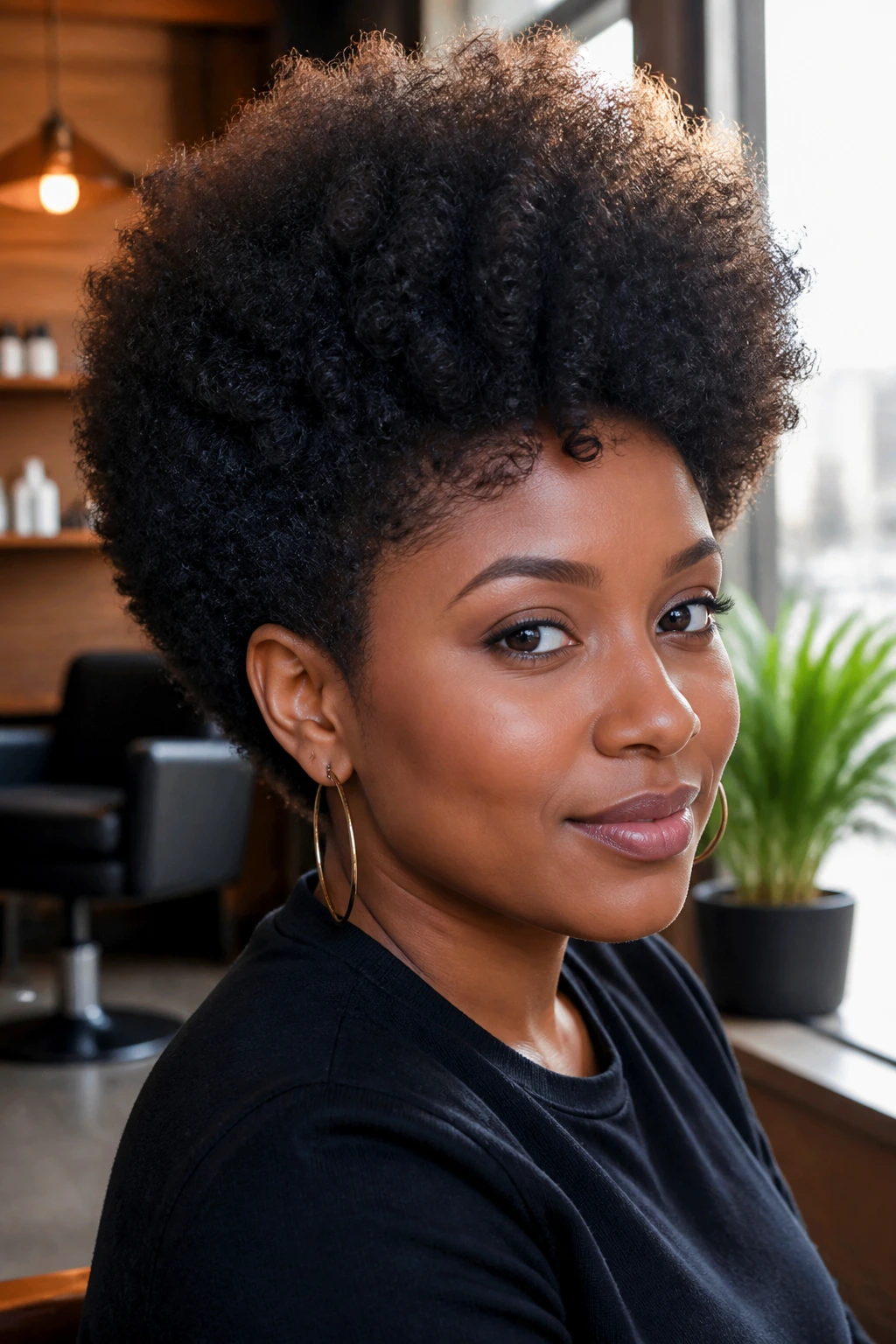 Close-up of a real Black woman with a shaped high-volume Afro in a salon