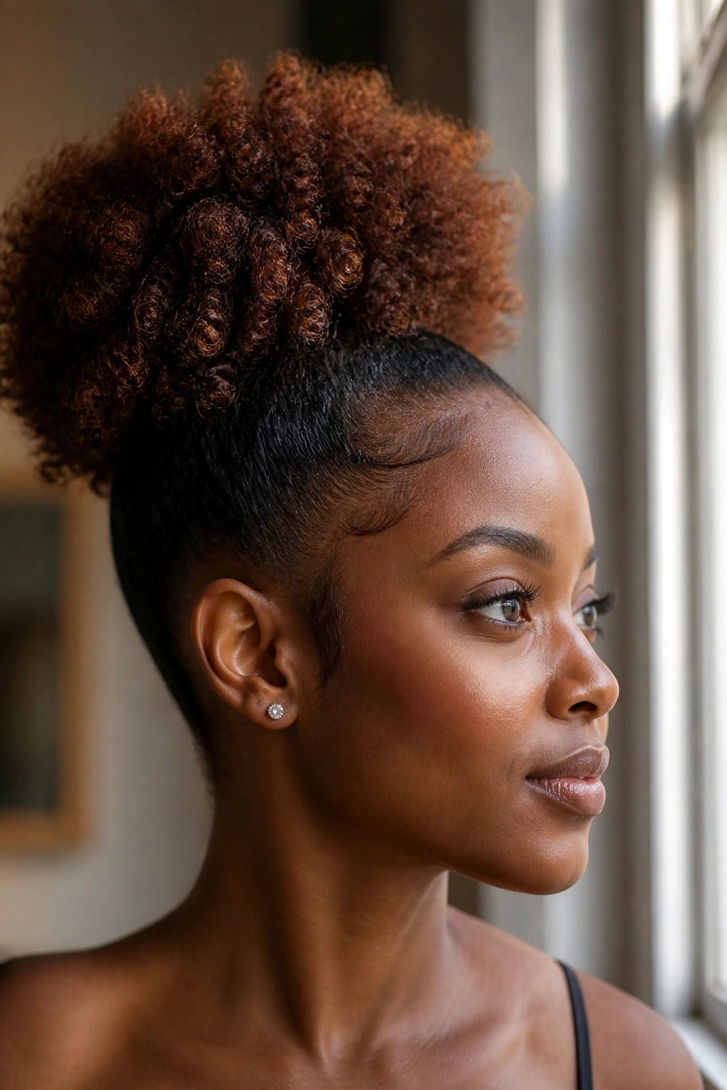 Close-up of a real woman with a rich brown afro puff and soft edges on deep skin