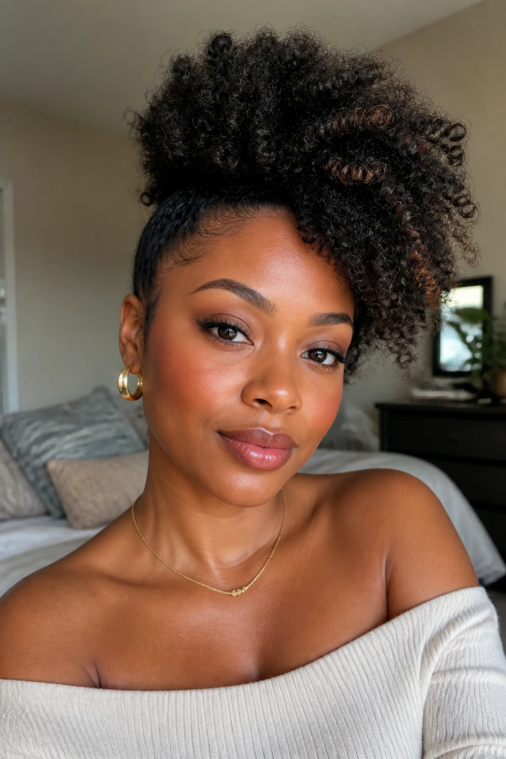 Close-up portrait of a woman with a side-swept Afro Puff off-center