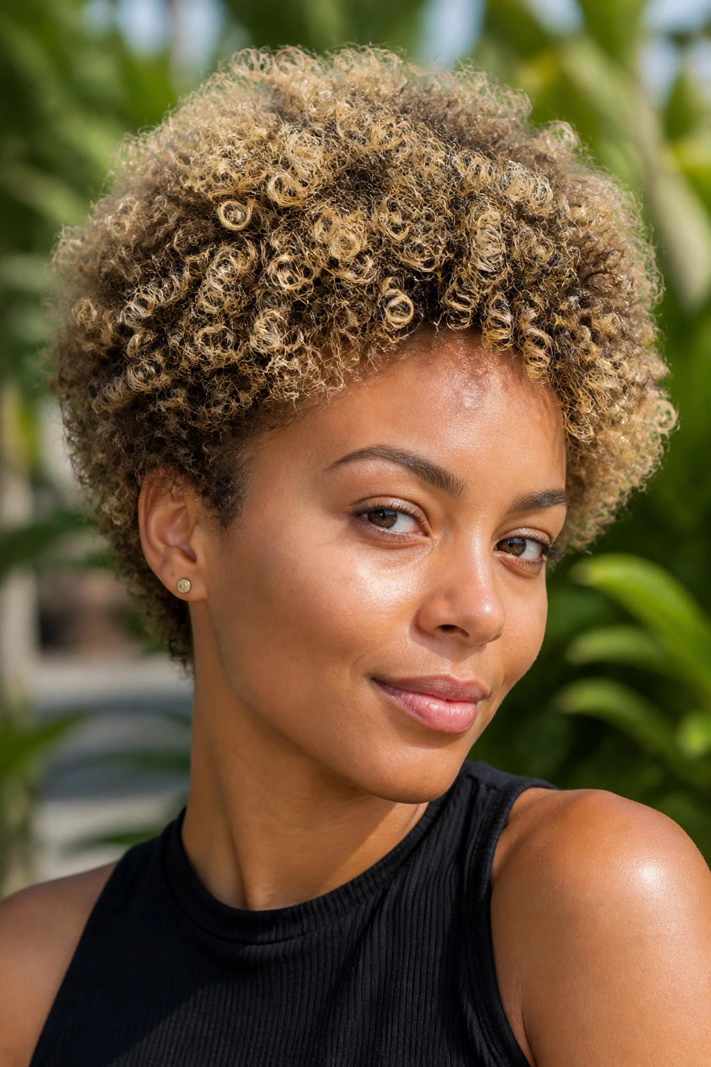 Rounded Afro textured crop with warm lowlights on a real person outdoors