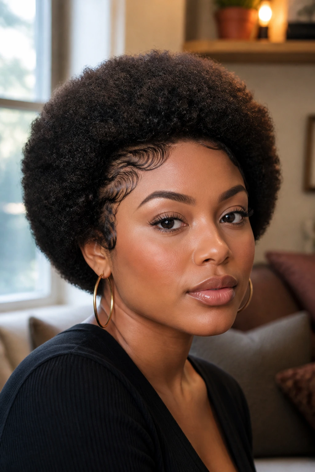 Close-up portrait of a real person with a rounded Afro and shaped edges in warm indoor light