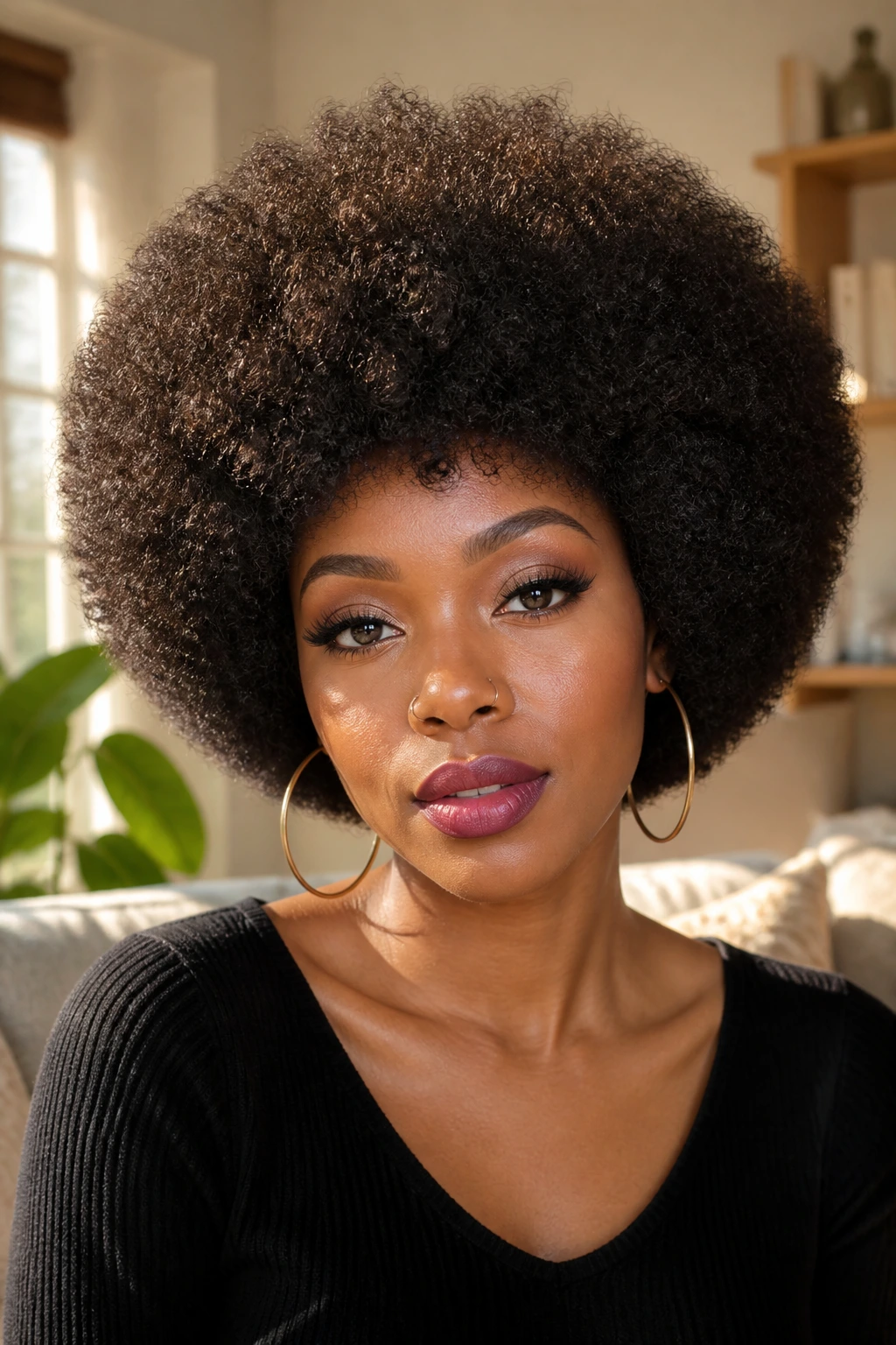 Close-up portrait of a real person with a defined rounded Afro hairstyle, head-and-shoulders, warm window light.