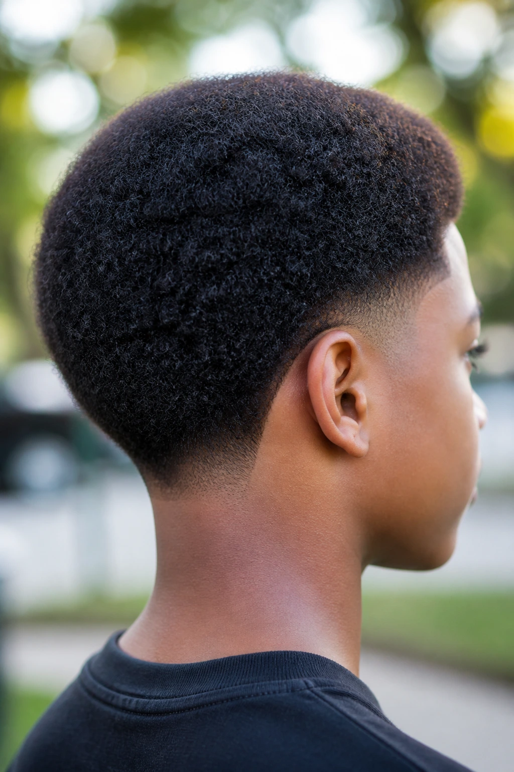 Boy with Afro taper and clean neckline in park