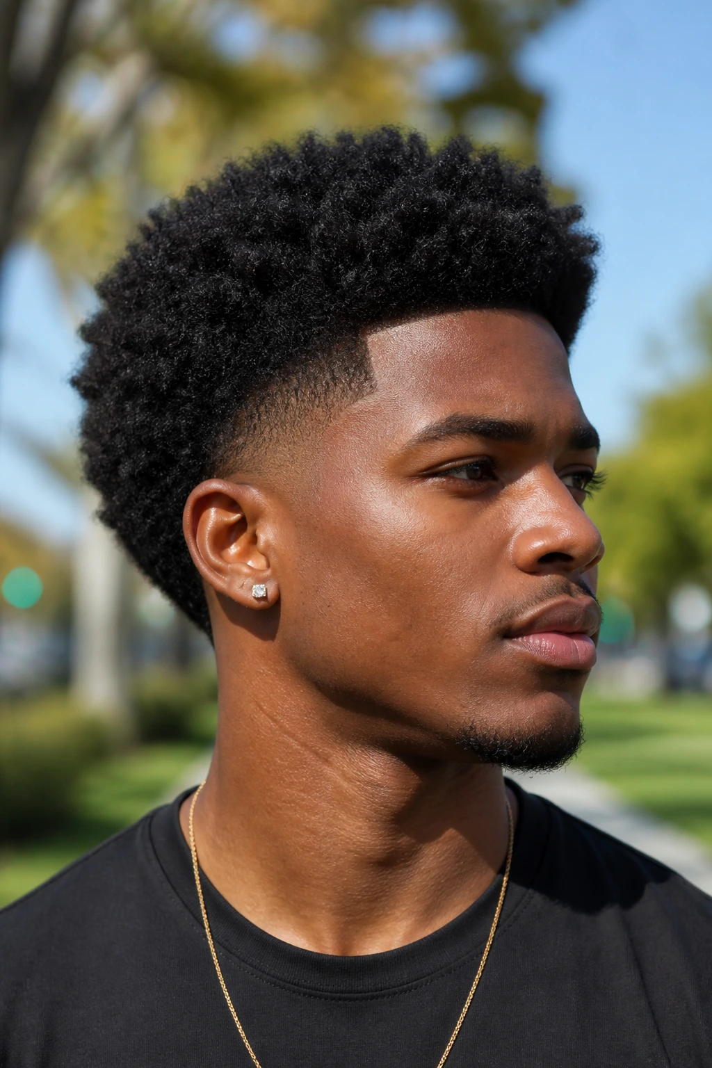Close-up of a man with an afro taper fade in an outdoor setting.