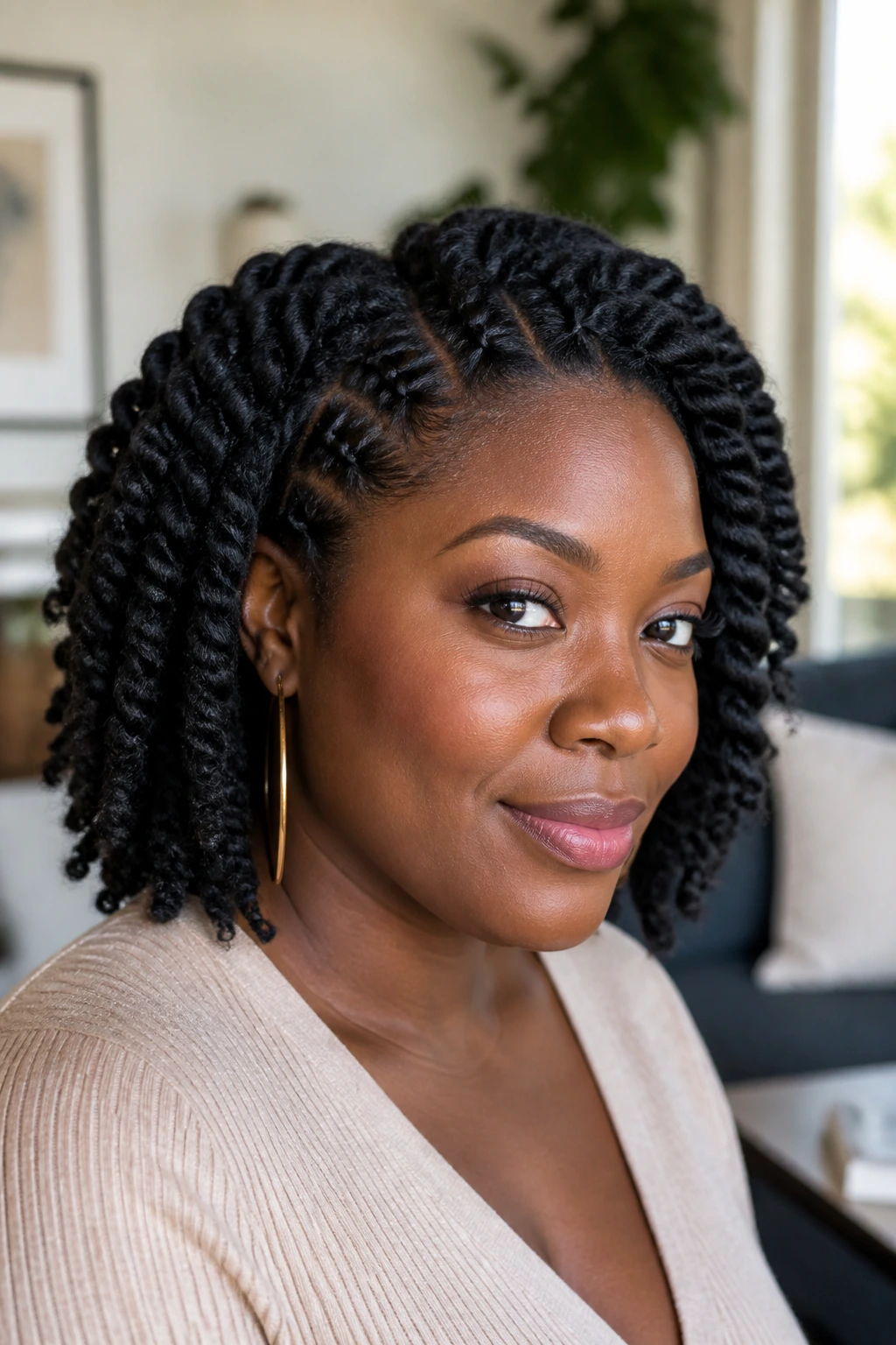 Close-up of a woman with chunky flat twist out showing defined rope-like twists