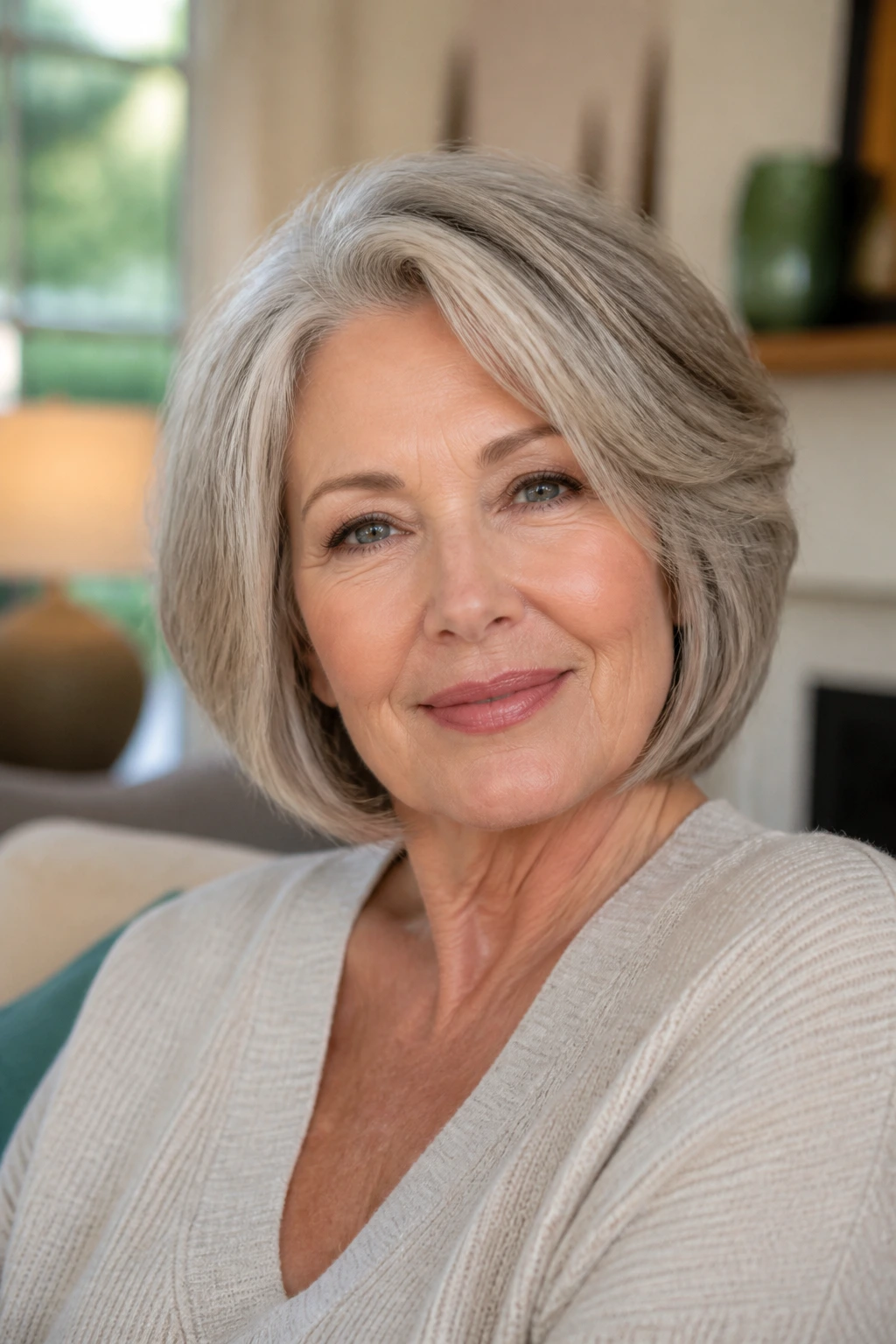 Close-up portrait of a real woman with a face-framing hairstyle in warm natural light