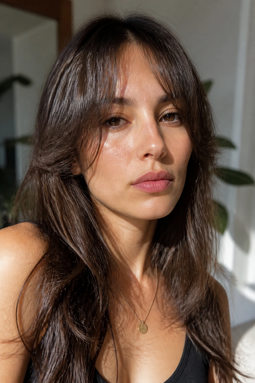 Portrait of woman with airy curtain bangs split at the brow