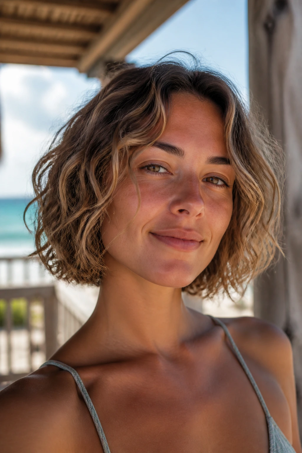 Close-up of a real woman with a relaxed air-dried beach bob and loose curls