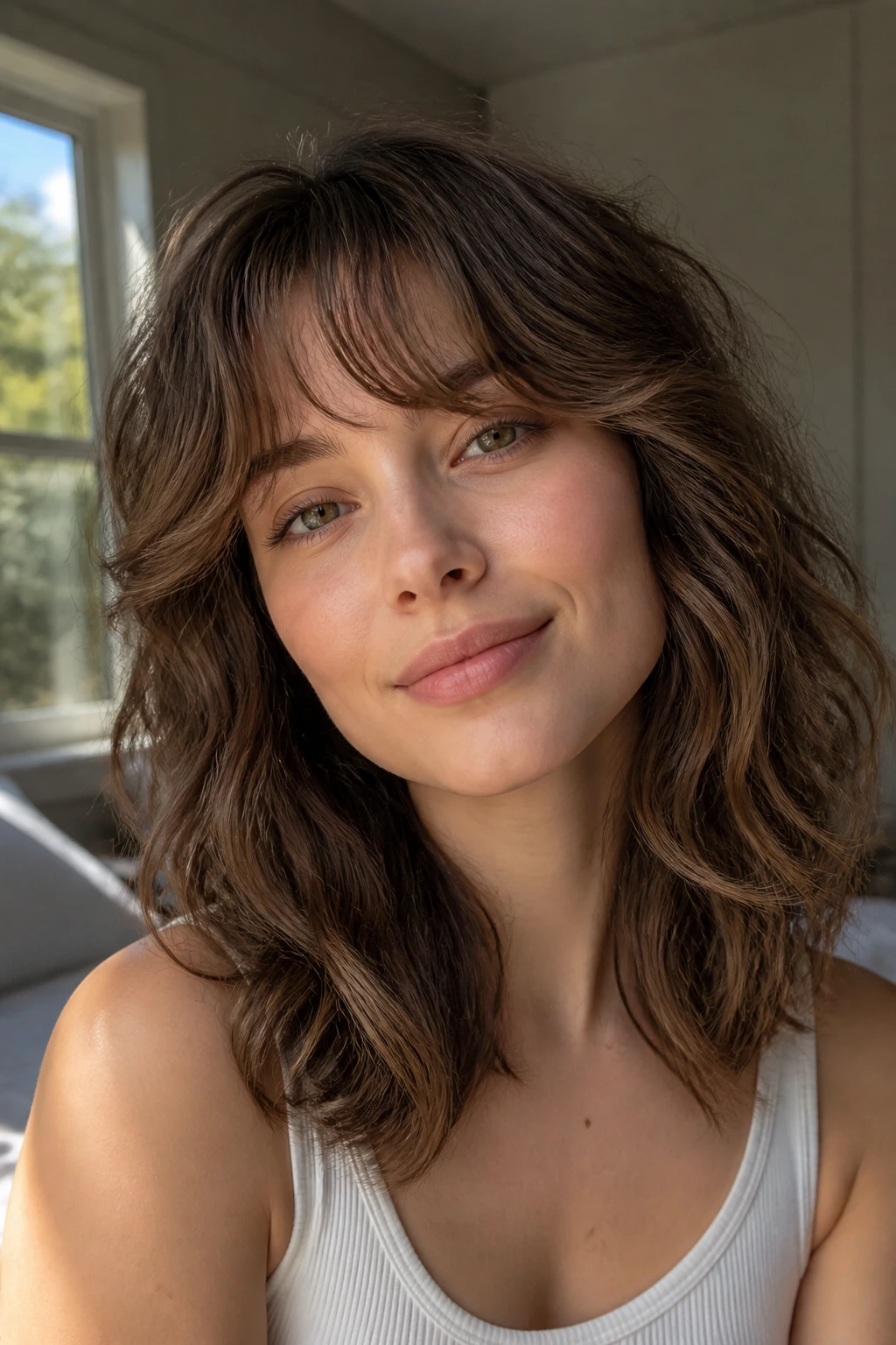 Real woman with air-dried bend bangs and natural wave