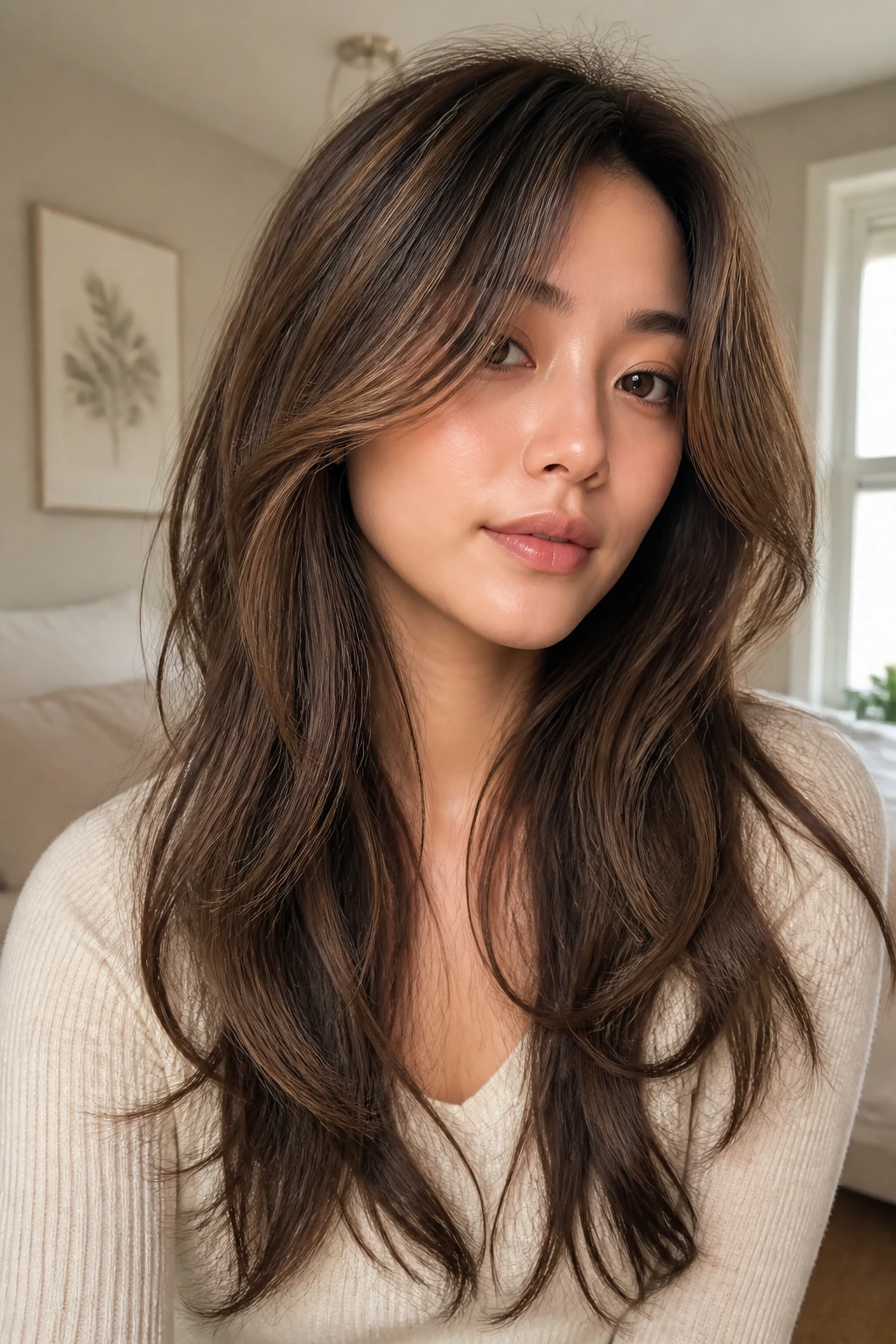 Close-up of a real woman with air-dried bend layers and subtle lowlights.