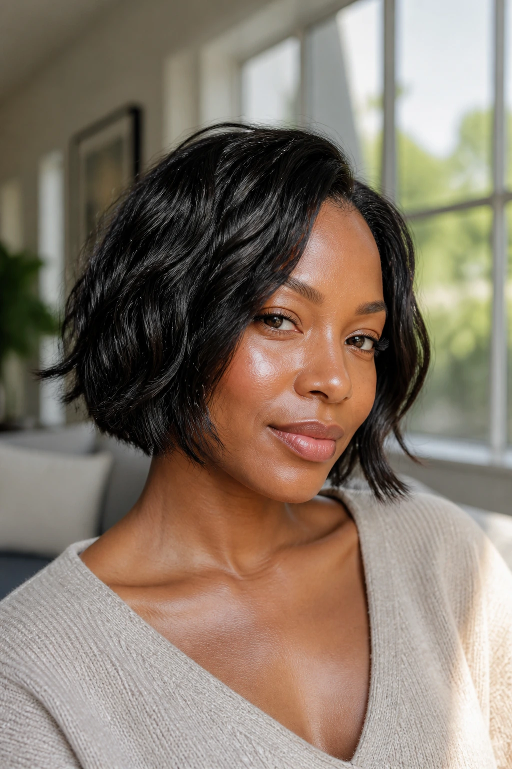 Close-up of a Black woman with an air-dried bob and defined ends in natural daylight