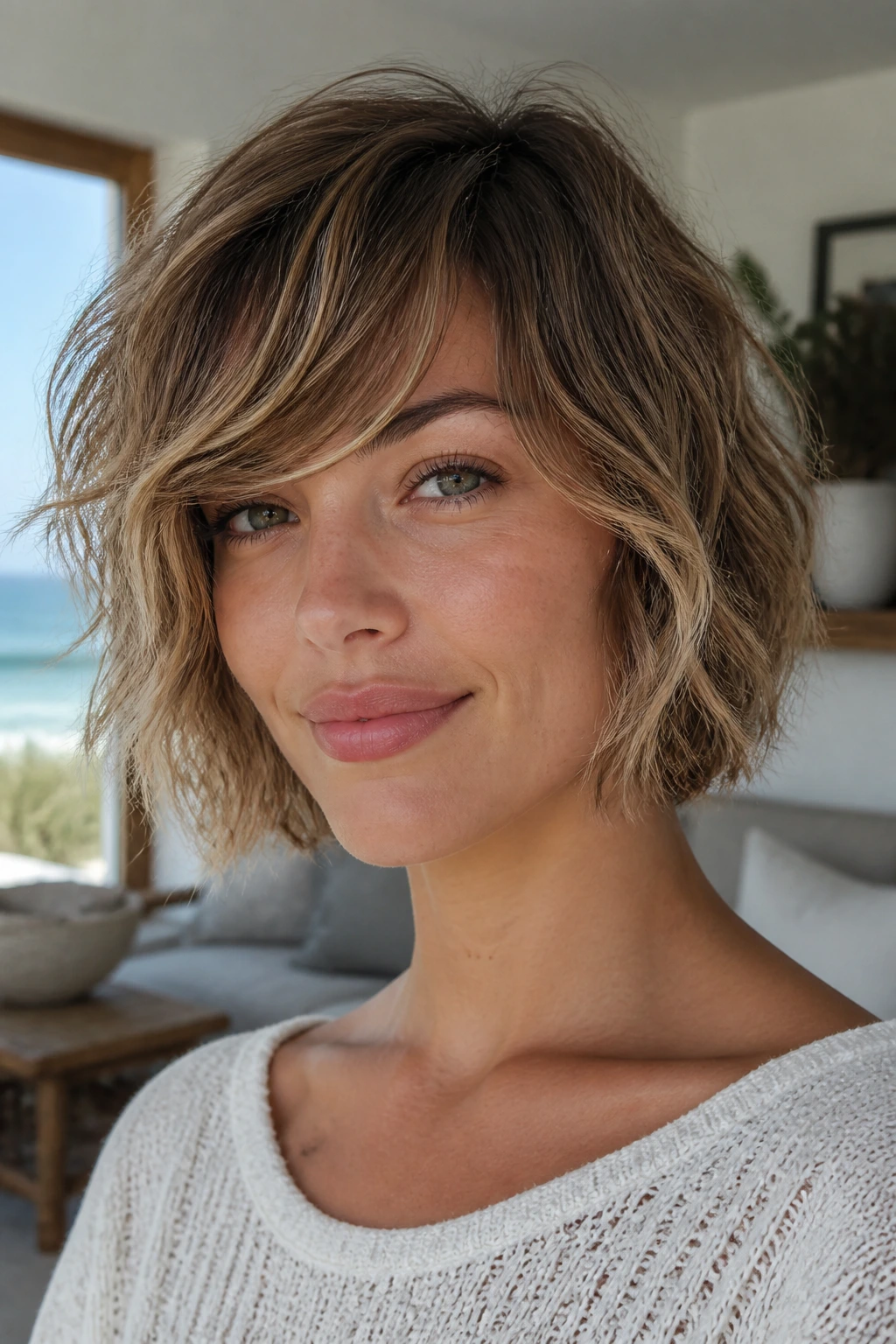 Close-up of air-dried bob with soft beach texture and diagonal side-swept bangs