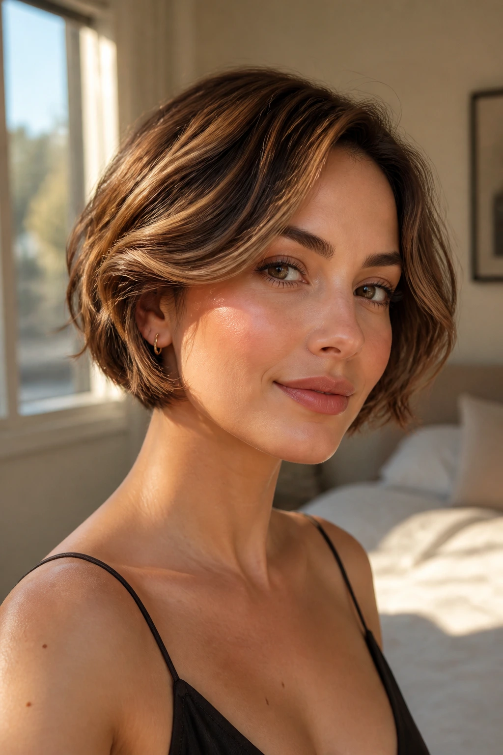 Close-up portrait of a real woman with an air-dried bob and cinnamon caramel swirls in warm window light