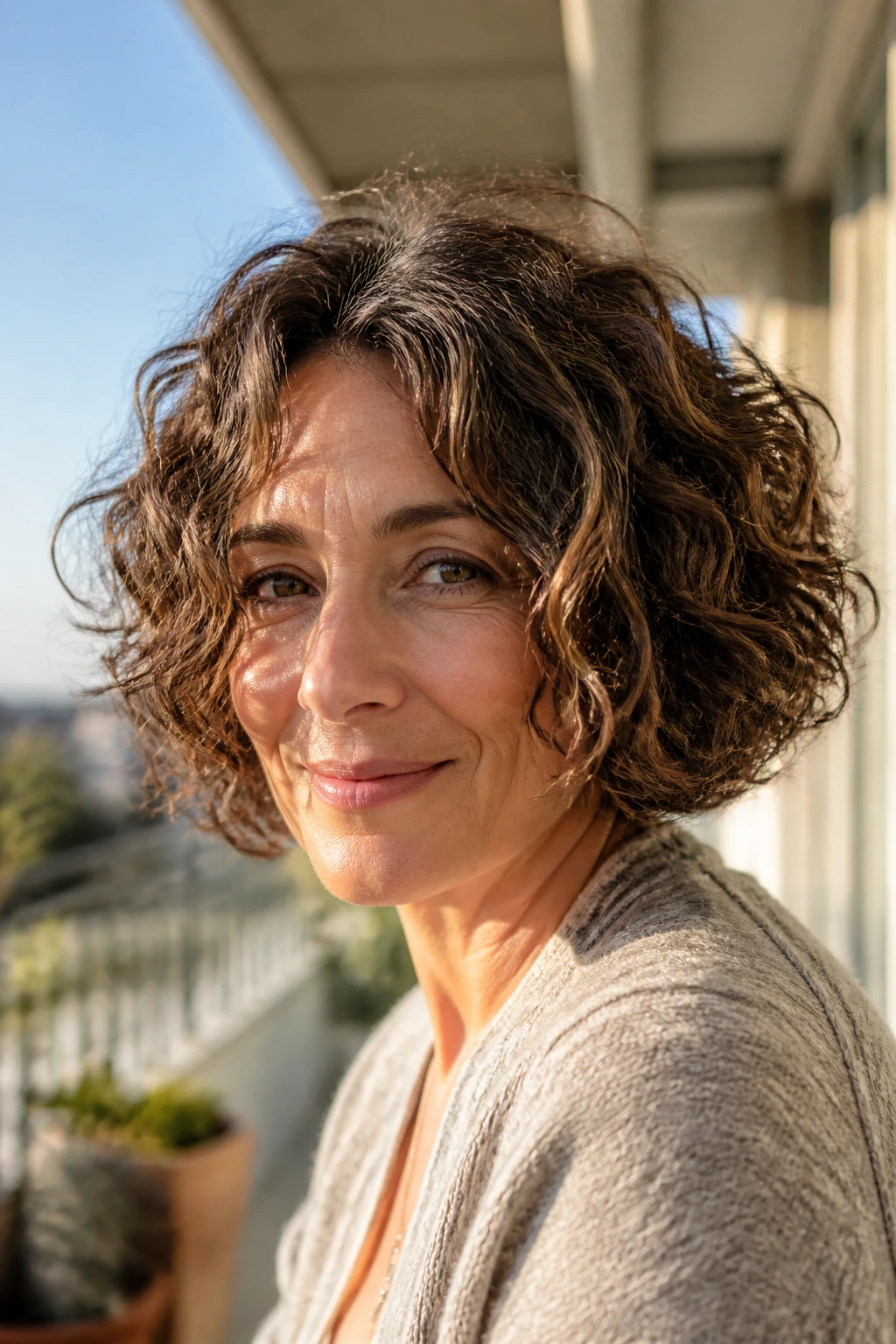 Close-up portrait of a real woman with an air-dried easy bob in morning sunlight.