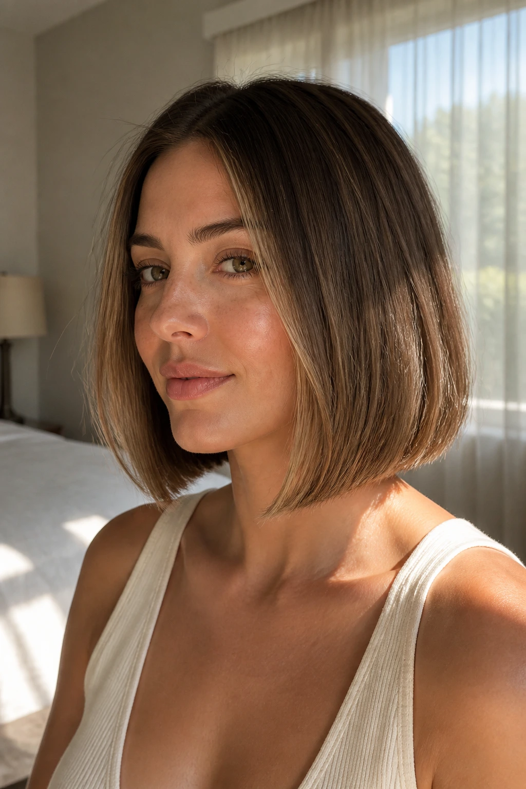 Portrait of real woman with air-dried polished bob and glaze babylights in soft daylight