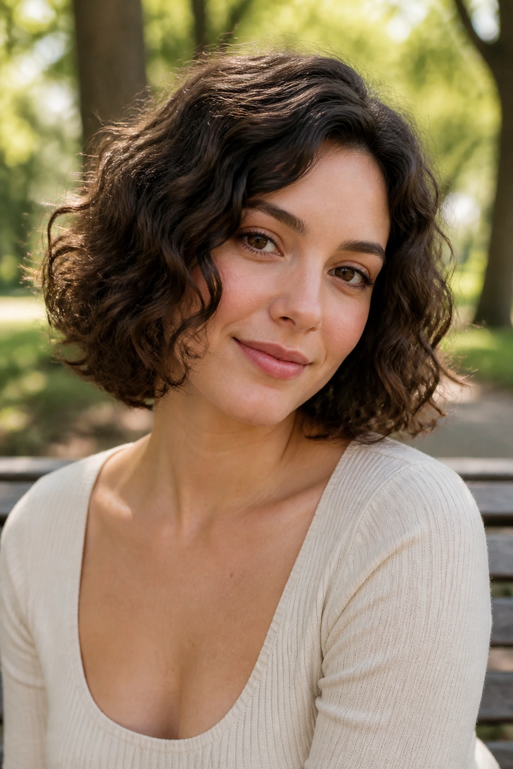 Close-up of a real woman with loose waves from air-dried bob hairstyle.