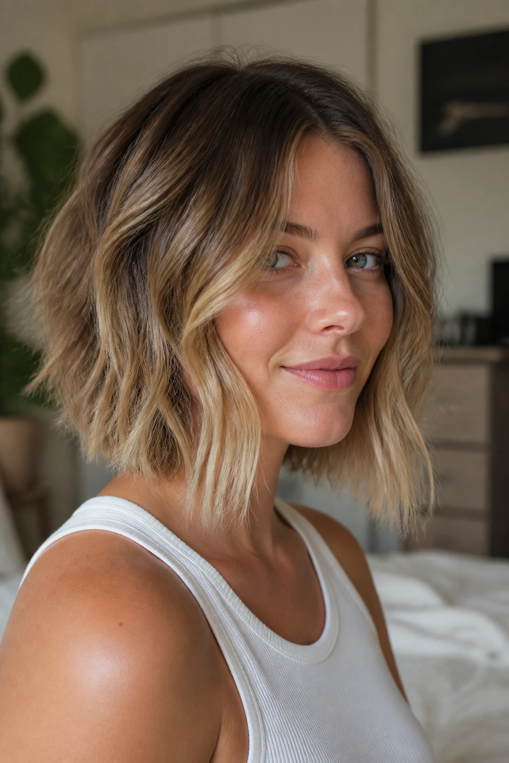 Close-up portrait of a real woman with an air-dried A-line bob and loose waves