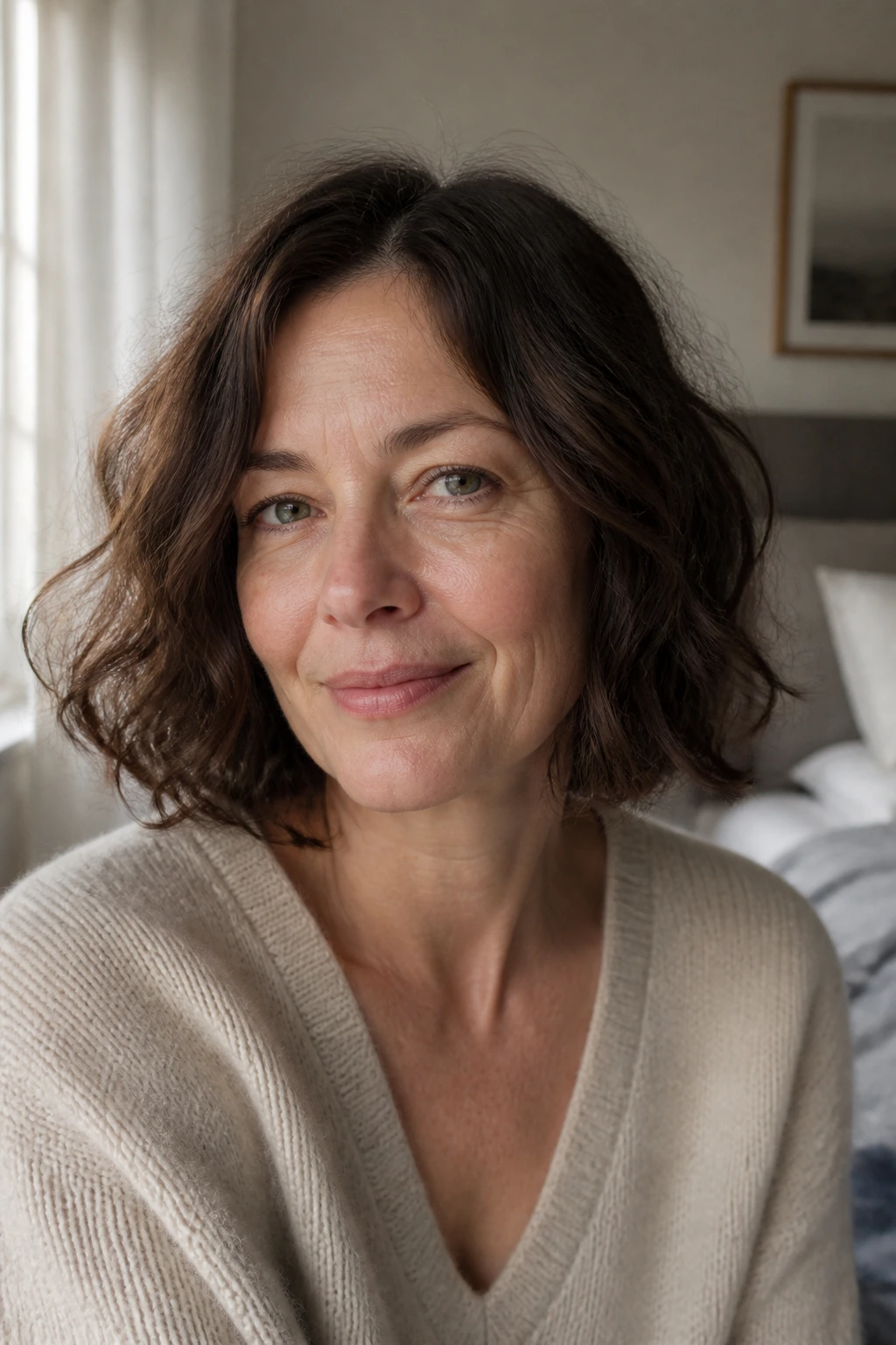Close-up portrait of a real woman with an air-dried bob and minimal layers in sunlit room