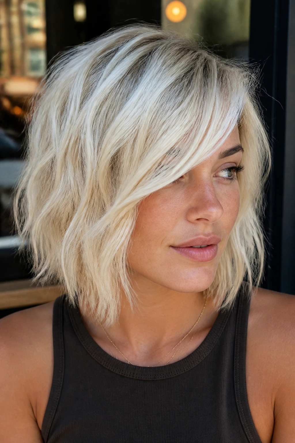Portrait of a real woman with an air-dried textured platinum bob and wispy sweep bangs outdoors