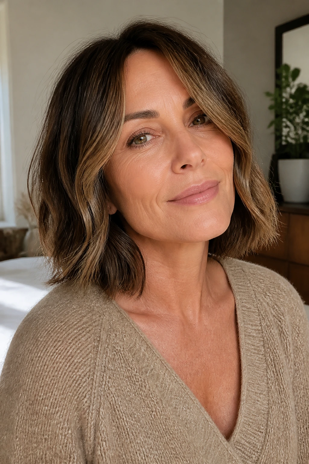 Close-up of a real woman with an air-dried bob forming a soft S-curve