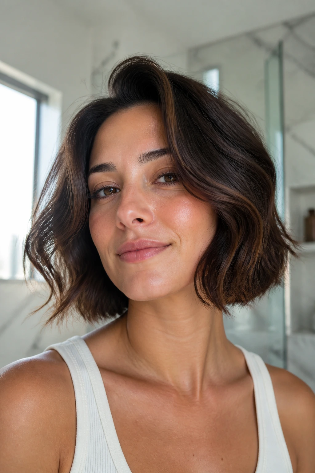 Close-up of a real woman with an air-dried bob showing soft S-curves in natural light