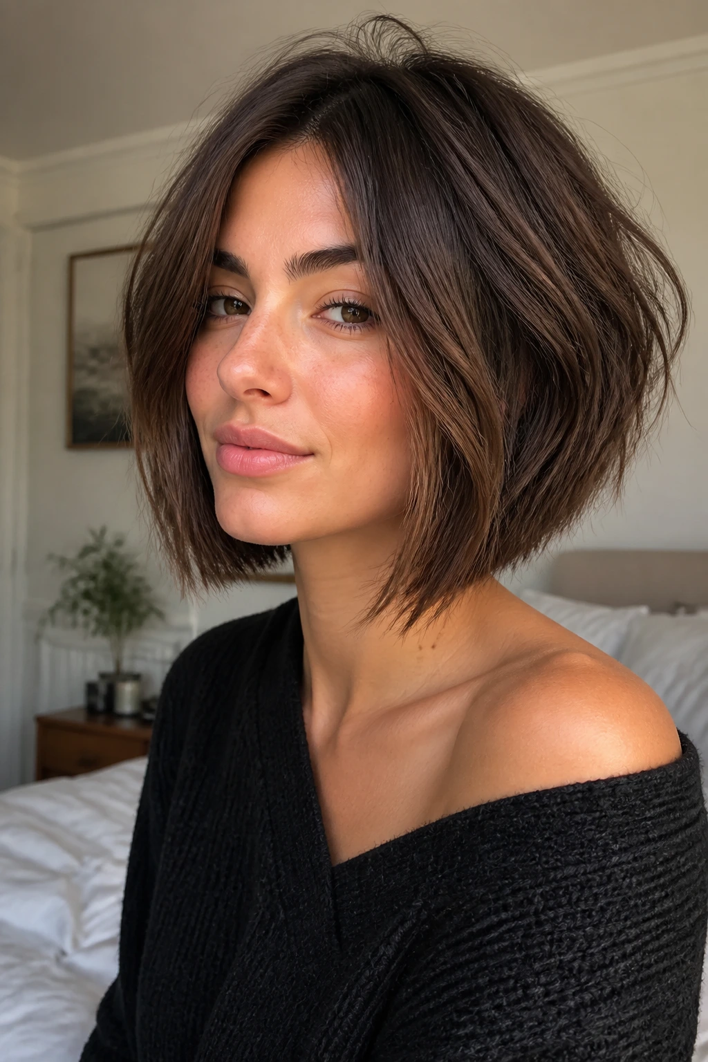 Close-up portrait of a real woman with an airy inverted bob under natural window light.
