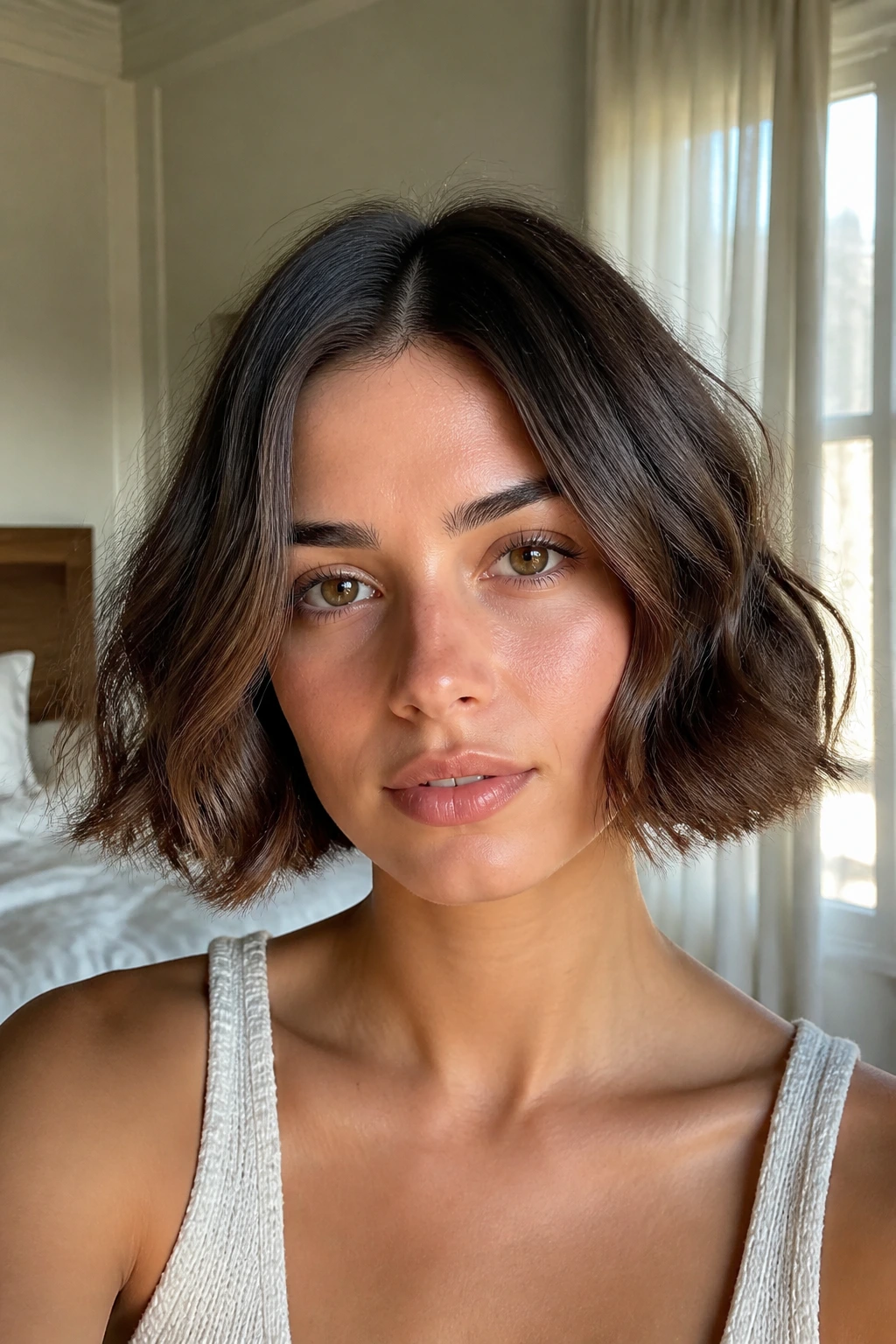 Close-up of real woman with air-dried center bob