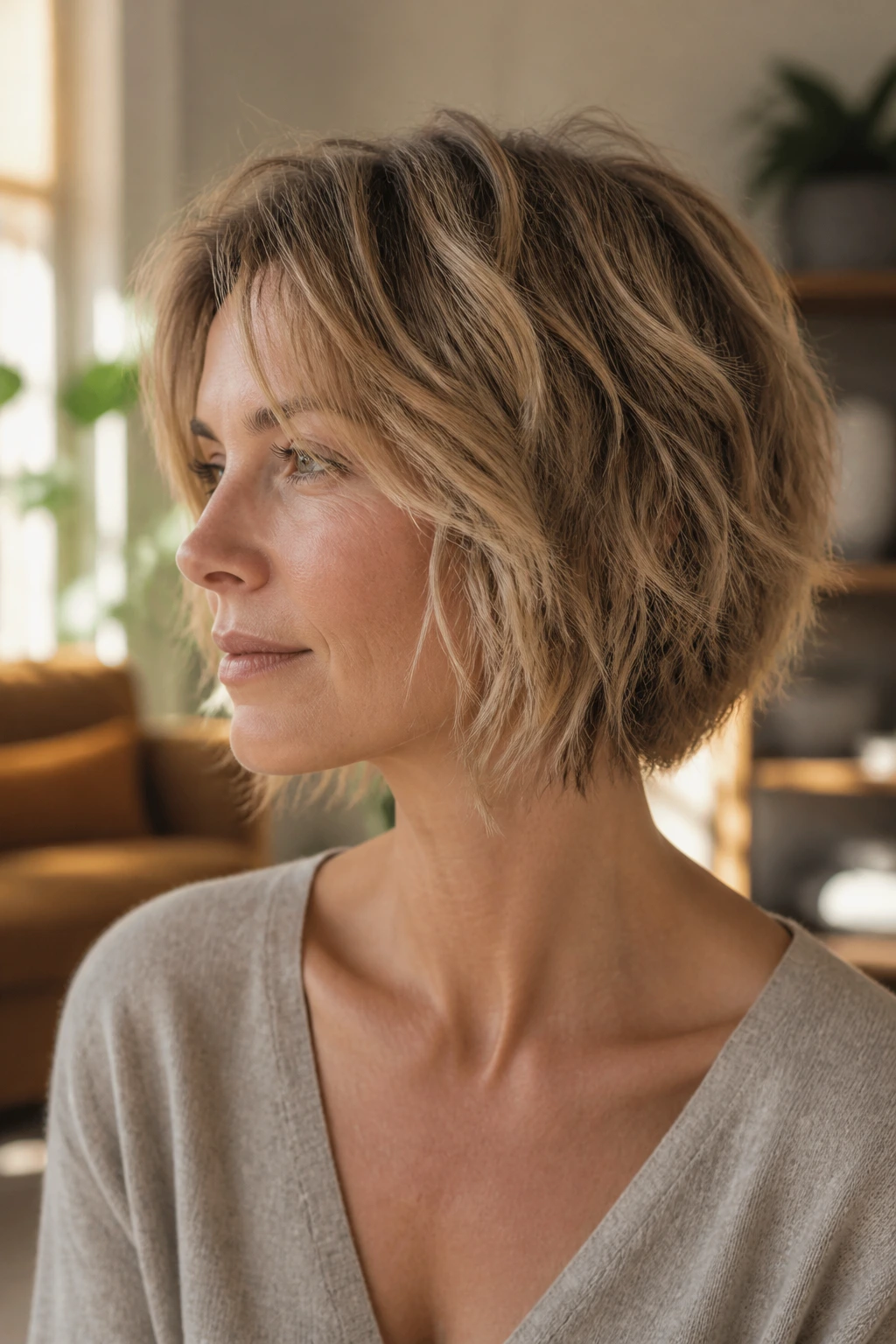 Portrait of real person with air-dried choppy stack showing textured ends and back stack