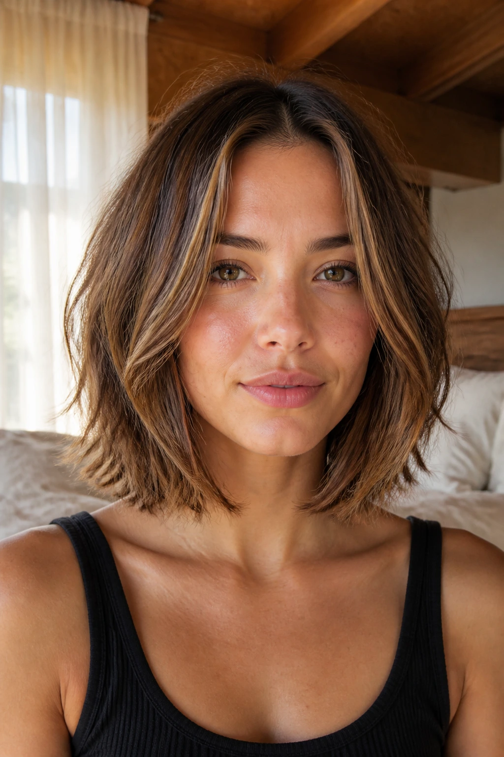 Close-up of a real woman with an air-dried cinnamon bob featuring soft layers and cinnamon lowlights in warm natural light.