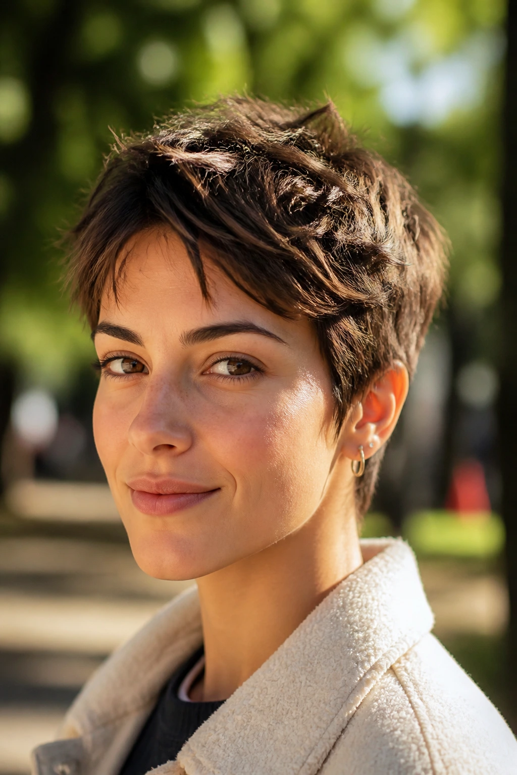 Close-up of real person with piecey air-dried crop hairstyle
