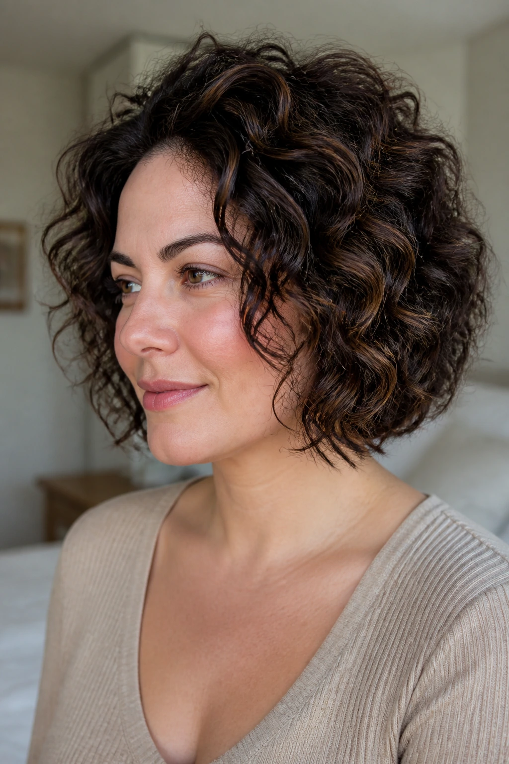 Close-up of a real woman with Air-Dried Curled Bob With Diffused Volume in natural light