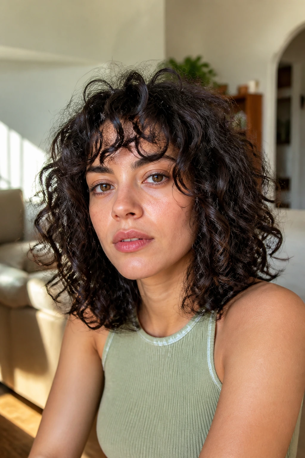 Close-up of a real woman with shoulder-length curls air-dried into a natural shape in a sunny living room