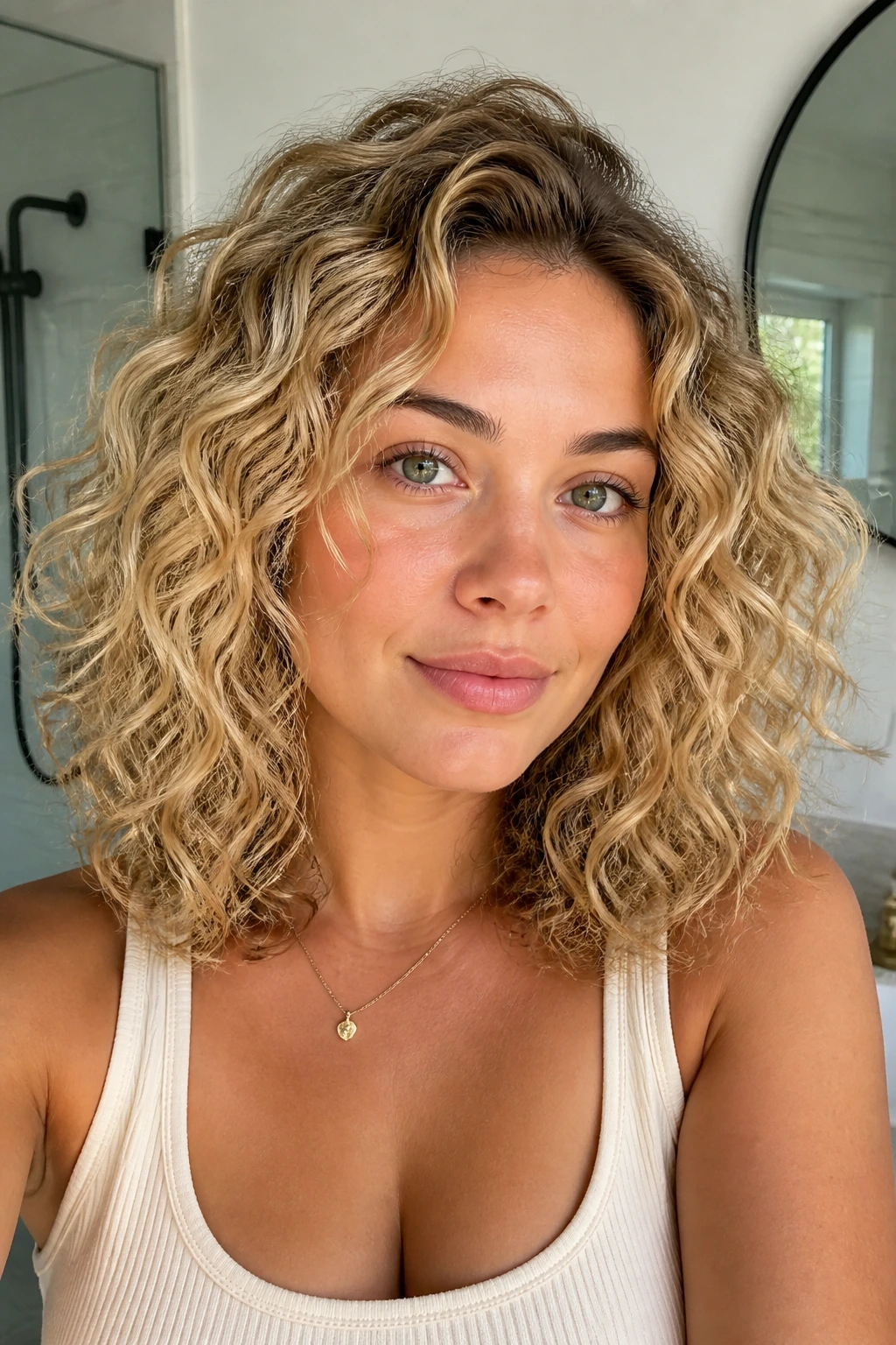 Real woman with air-dried blonde curls and soft texture
